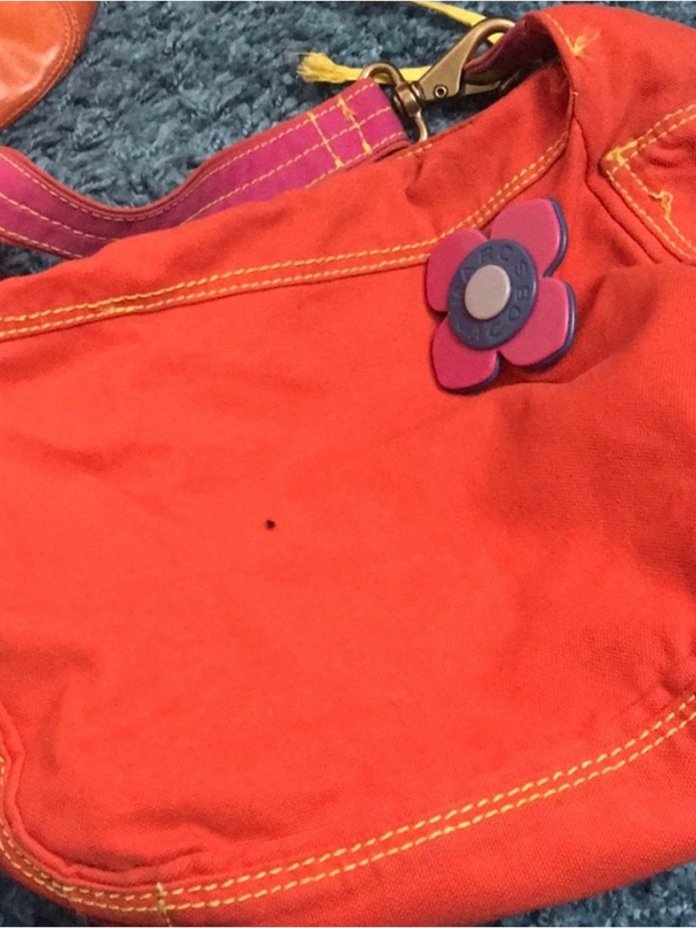Marc Jacobs Orange Canvas Shoulder Bag with Pink Flower